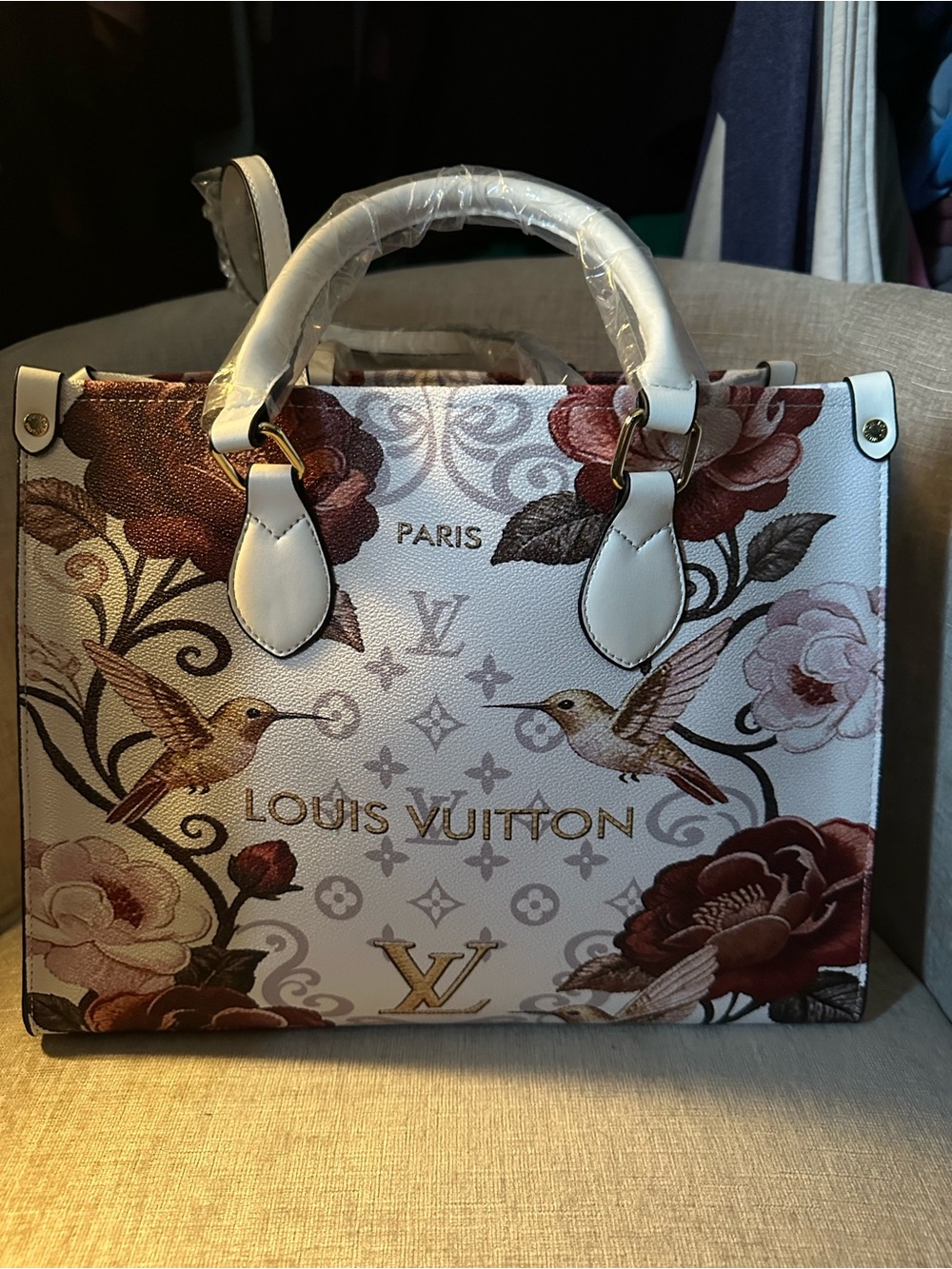 White Floral Hummingbird Satchel Shoulder Bag